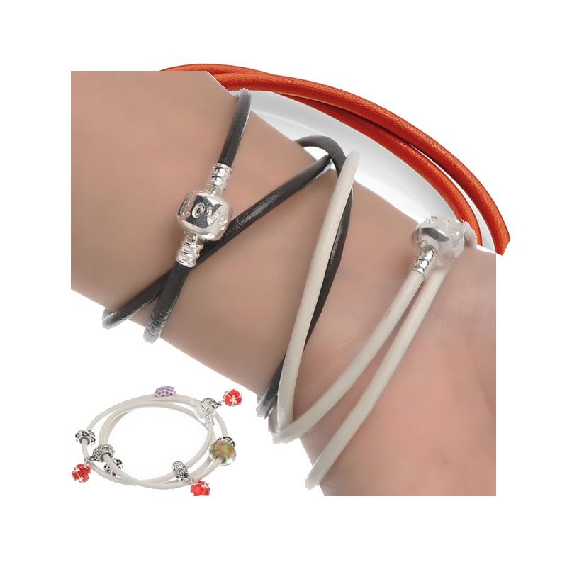 Bracelet type Pandora charm en cuir 63 cm, style europeen 3 tours noir, orange ou blanc Bracelet type Pandora charm en cuir 63 cm, style europeen 3 tours noir, orange ou blanc