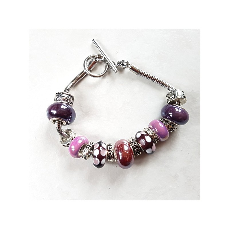 Bracelet style Pandora perles métal, céramique, lampwork prune et bracelet acier inoxydable Bracelet style Pandora perles métal, céramique, lampwork prune et bracelet acier inoxydable