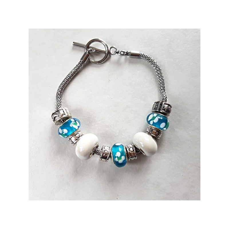 Bracelet style Pandora perles métal, céramique, lampwork bleu/blanc et bracelet acier inoxydable Bracelet style Pandora perles métal, céramique, lampwork bleu/blanc et bracelet acier inoxydable