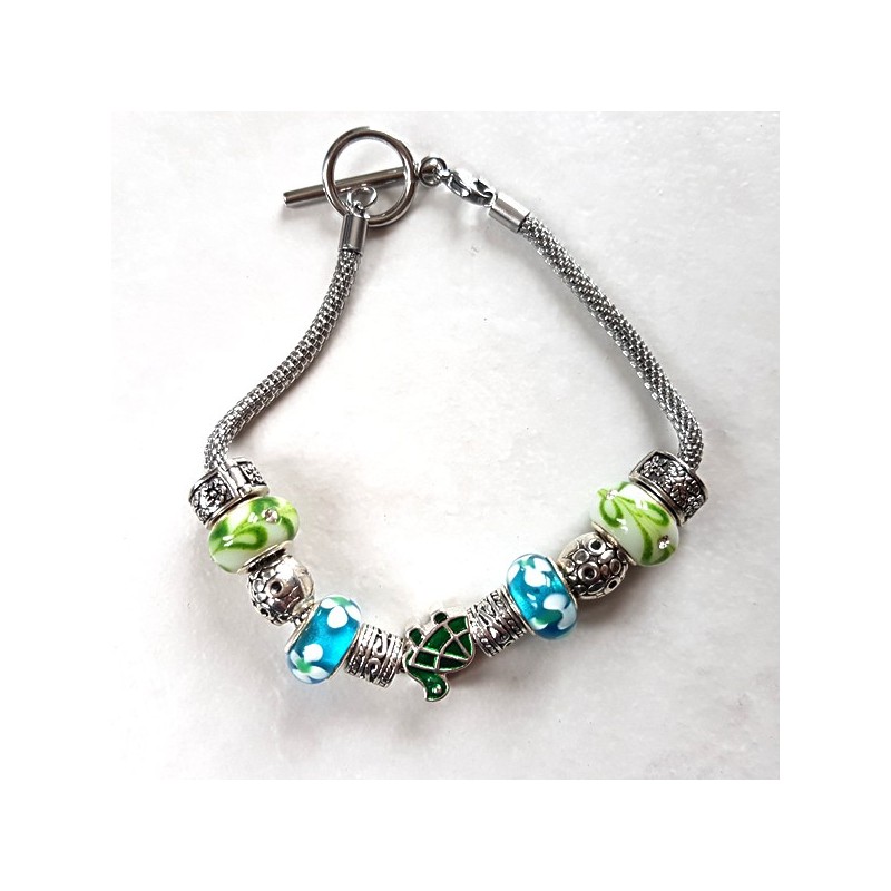 Bracelet style Pandora perles métal, lampwork bleu/vert, tortue et bracelet acier inoxydable Bracelet style Pandora perles métal, lampwork bleu/vert, tortue et bracelet acier inoxydable
